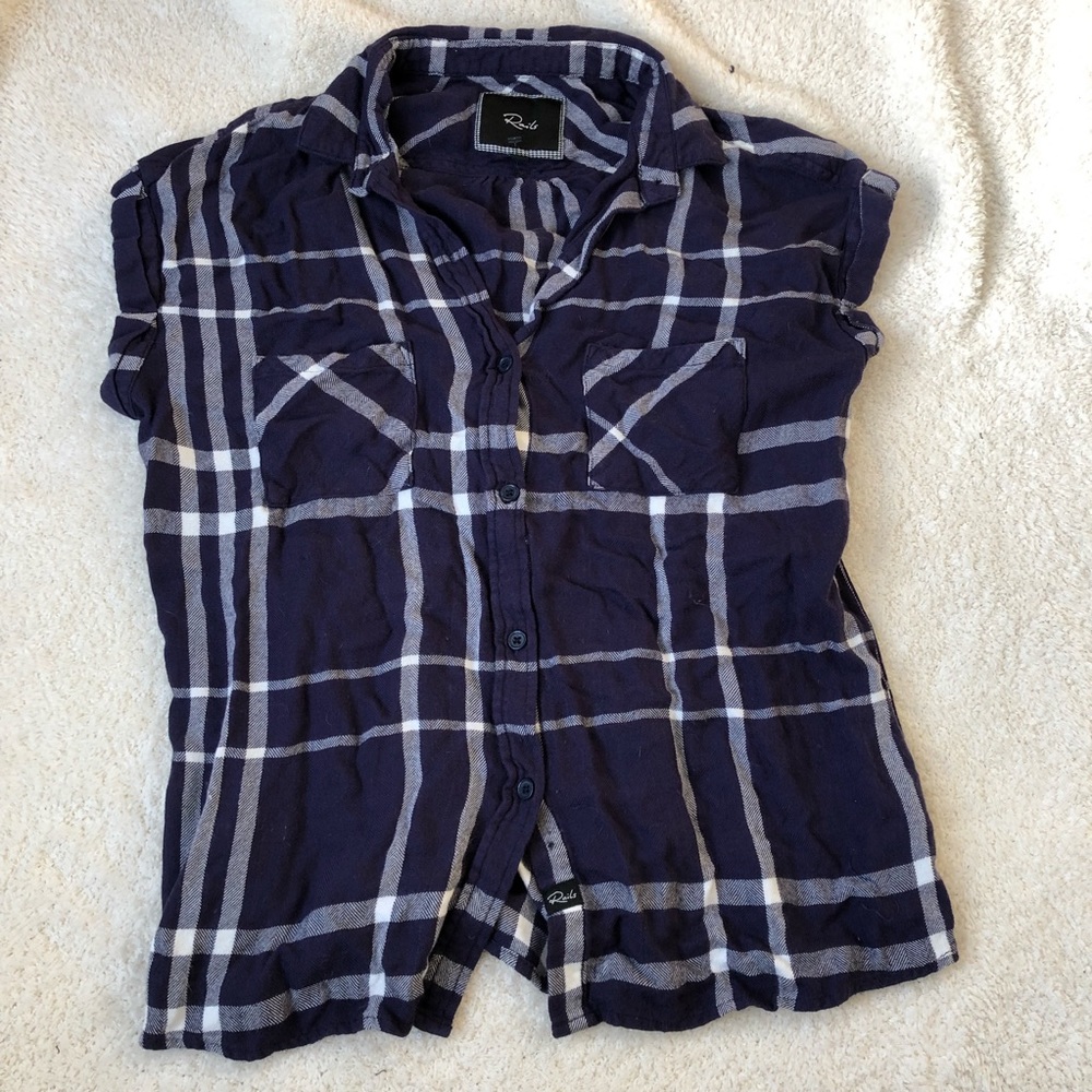 Rails Button Down Top Navy Plaid Short Sleeve